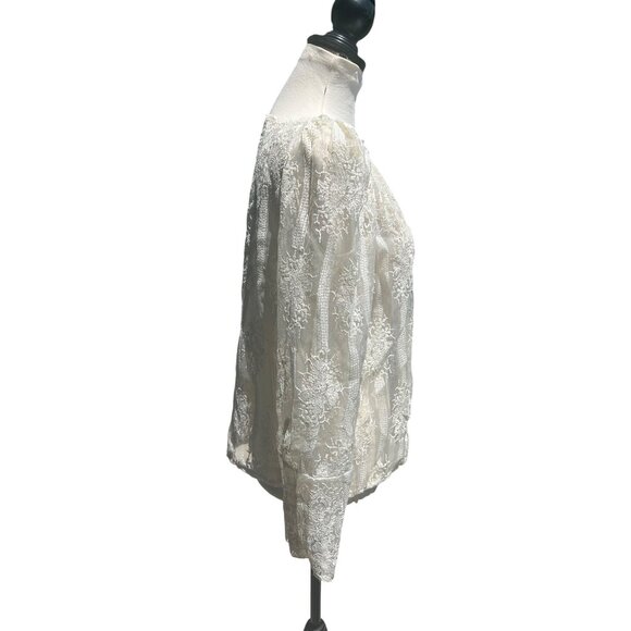 Vintage Chicwish Womens Ivory Lace Blouse Sheer Sleeves & Floral Embellished Sm - Picture 3 of 8